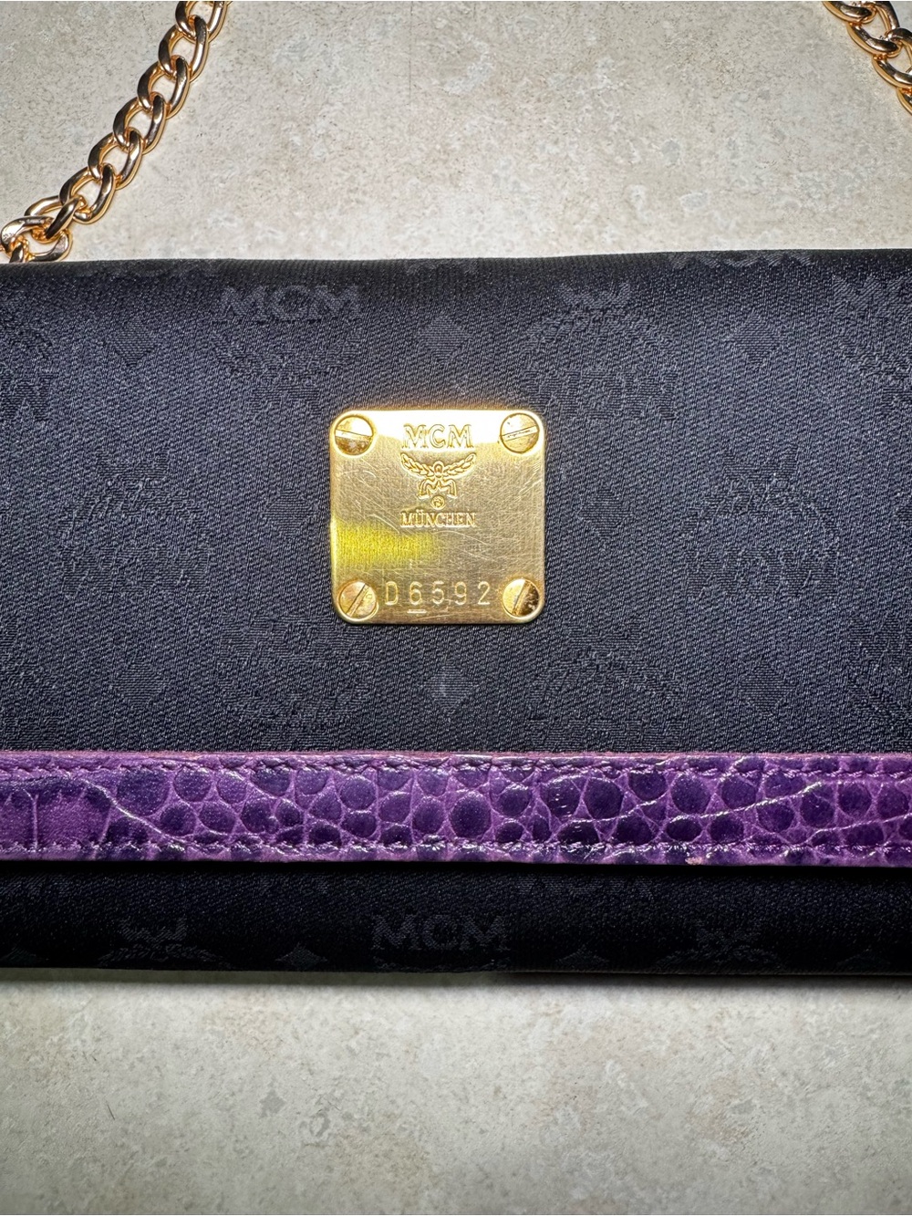 MCM Visetos Black Mono Canvas Purple Crocs Embossed Trim Long Wallet Pre -owned - Picture 2 of 6